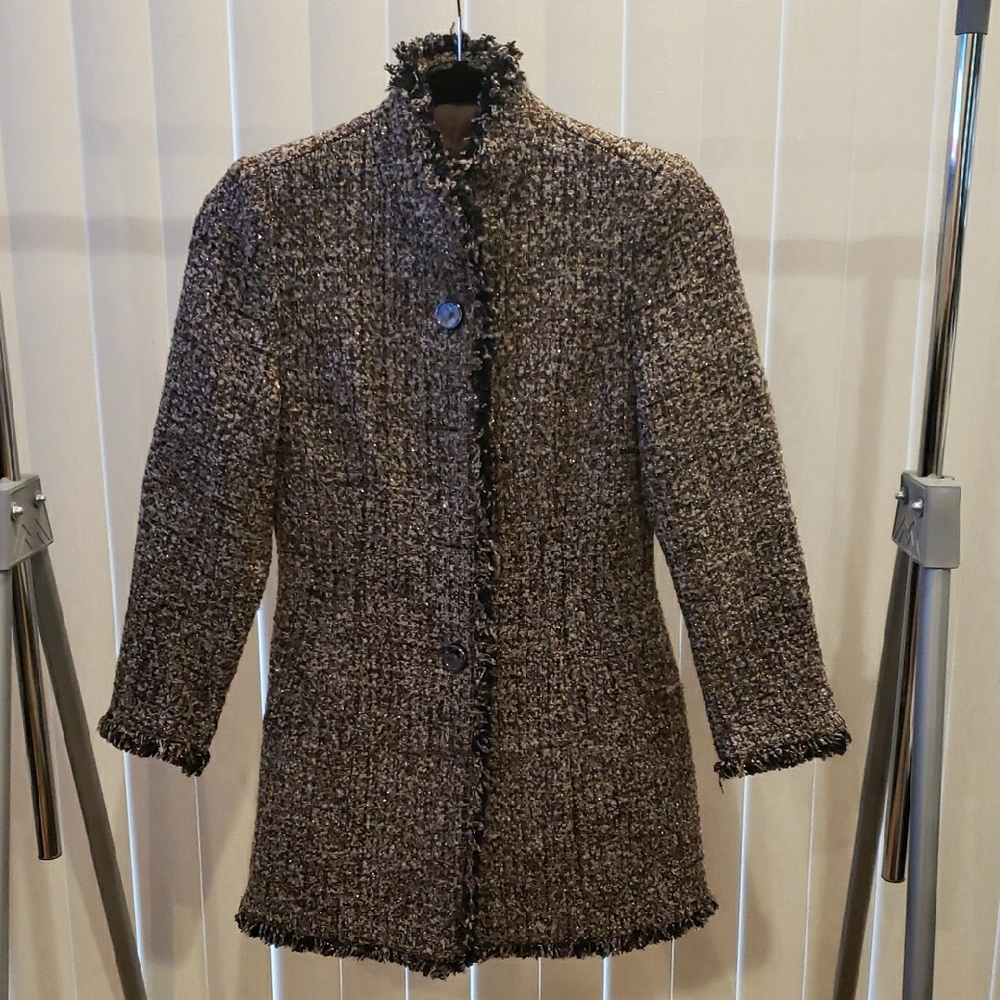 Gray and Black Textured Blazer with Stand-Up Collar